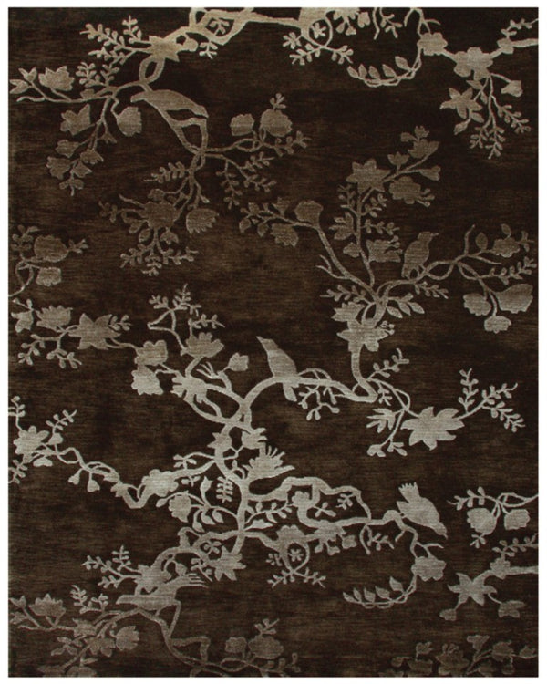 8 X 10 Hand Knotted Wool Floral Area Rug in Brown Silver Mid-century Style