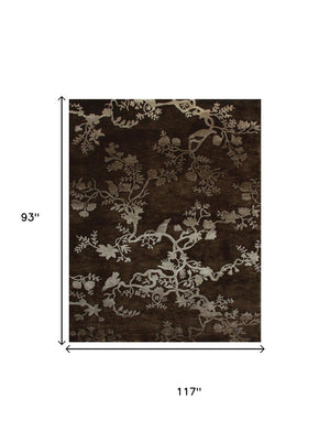 8 X 10 Hand Knotted Wool Floral Area Rug in Brown Silver Mid-century Style
