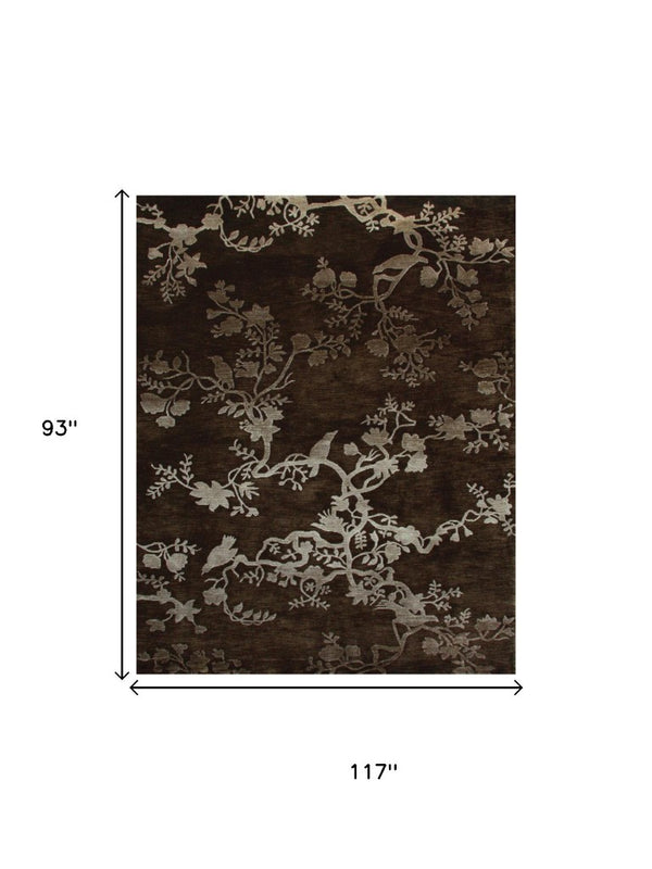 8 X 10 Hand Knotted Wool Floral Area Rug in Brown Silver Mid-century Style