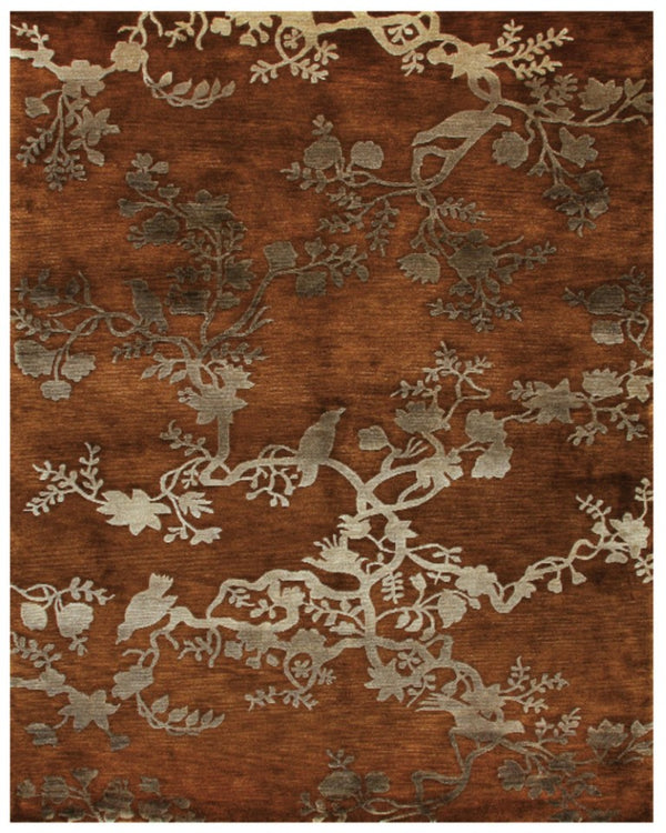 HomeRoots 8x10 Hand Knotted Wool Floral Area Rug Mid-century Style Stain Resistant Artisan 744284