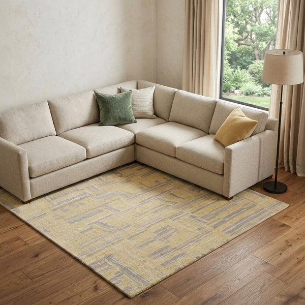 8 X 10 Hand Knotted Wool Abstract Area Rug in Gold Gray Stain Resistant