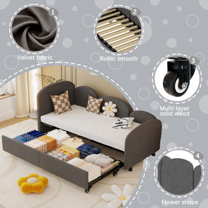 English Elm Twin Flower Shape Velvet Daybed with Storage Drawer, Modern Kids Sofa Bed Frame for Bedroom Dark Gray W395S00114
