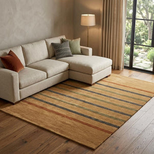 8x11 Hand Knotted Wool Blend Area Rug with Earthy Striped Pattern for Living Room