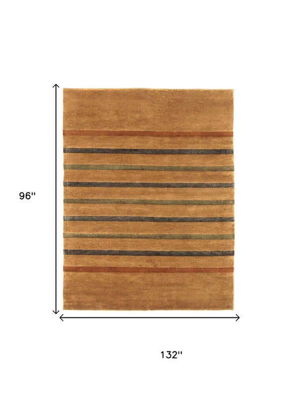 8x11 Hand Knotted Wool Blend Area Rug with Earthy Striped Pattern for Living Room