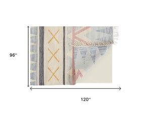 8 X 10 Moroccan Hand Loomed Area Rug Bohemian Blue Tan Pink Fringe Accent