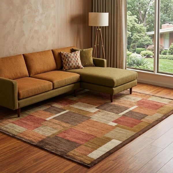 8 Ft X 10 Ft Hand Knotted Wool Blend Checkered Area Rug Mid-century Living Room