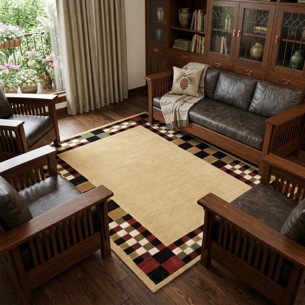 8x10 Hand Knotted Wool Blend Oriental Area Rug in Tan Red Black Artisan Craft