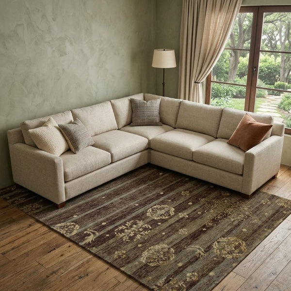 9 X 12 Hand Knotted Wool Blend Area Rug with Artisan Striped Pattern in Brown Tan