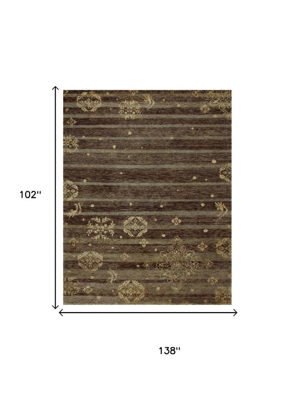 9 X 12 Hand Knotted Wool Blend Area Rug with Artisan Striped Pattern in Brown Tan