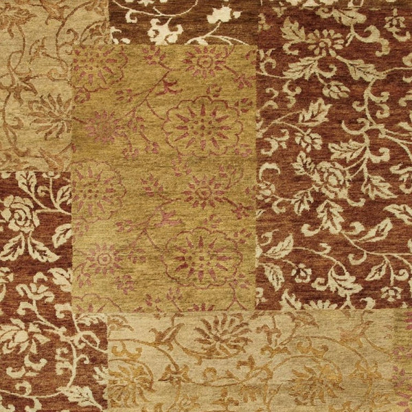 9x12 Hand Knotted Wool Blend Patchwork Area Rug in Gold Brown Bohemian Style