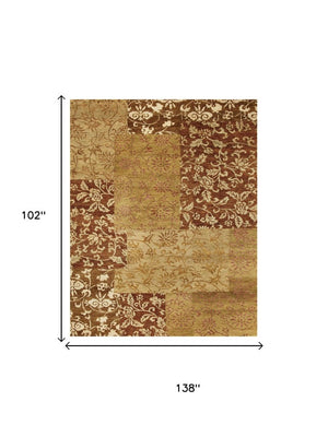 9x12 Hand Knotted Wool Blend Patchwork Area Rug in Gold Brown Bohemian Style