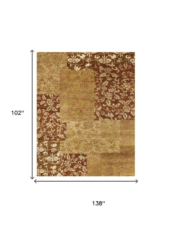 9x12 Hand Knotted Wool Blend Patchwork Area Rug in Gold Brown Bohemian Style