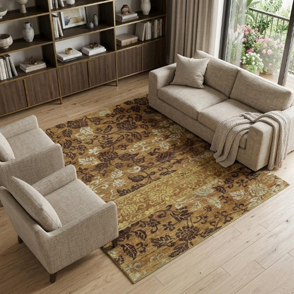 9x12 Hand Knotted Wool Blend Area Rug Floral Brown Gold Tan Living Room Accent