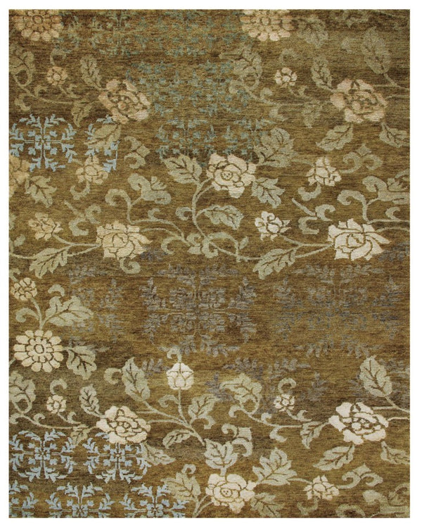 HomeRoots 9x12 Hand Knotted Wool Blend Area Rug Floral Brown Blue Green Artisan Woven 744334