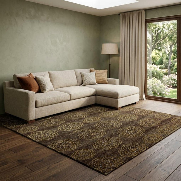 9 X 12 Hand Knotted Wool Blend Floral Area Rug in Brown Gold Tones