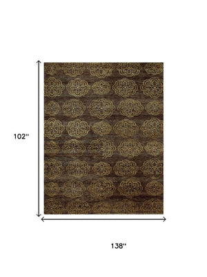 9 X 12 Hand Knotted Wool Blend Floral Area Rug in Brown Gold Tones