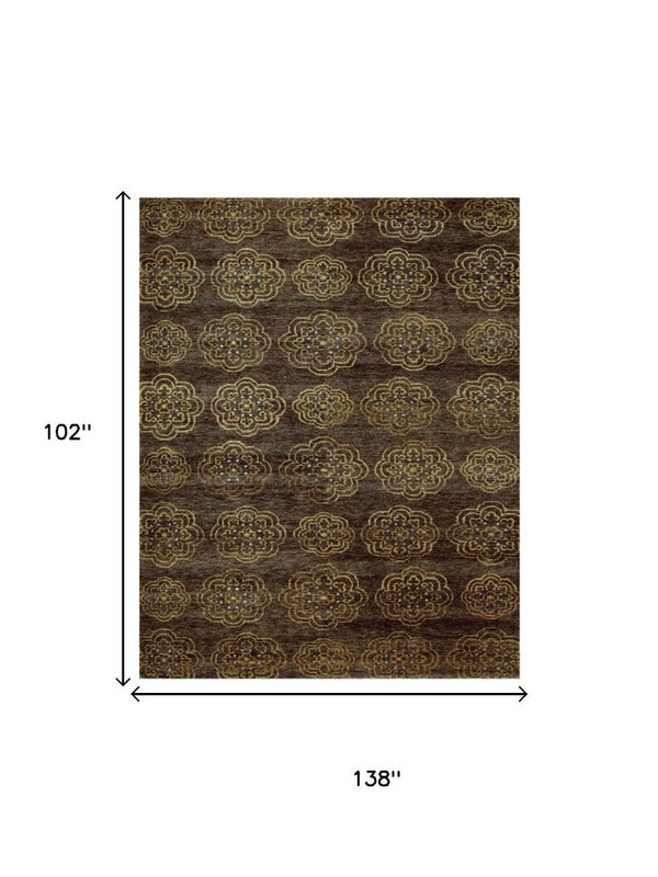 9 X 12 Hand Knotted Wool Blend Floral Area Rug in Brown Gold Tones