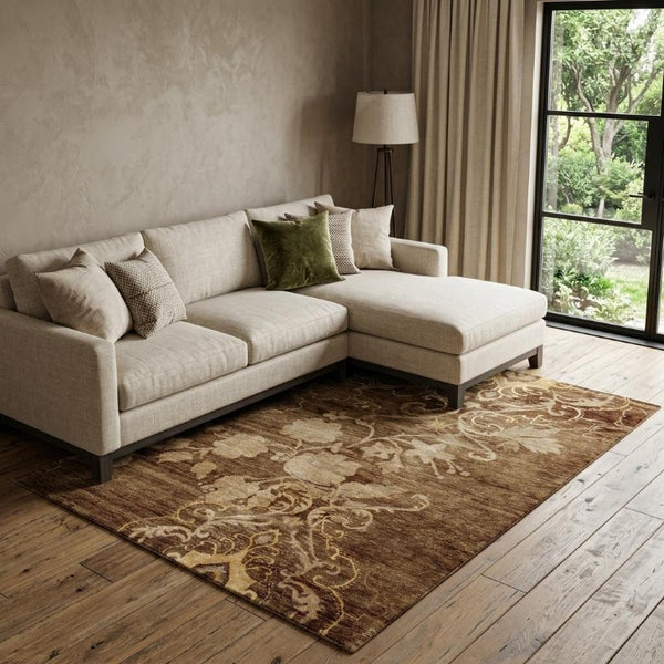 9x12 Hand Knotted Wool Blend Floral Area Rug in Warm Brown Tan Ivory Tones