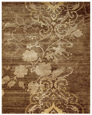 HomeRoots 9x12 Hand Knotted Wool Blend Floral Area Rug in Warm Brown Tan Ivory Tones 744336