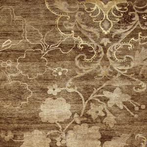 9x12 Hand Knotted Wool Blend Floral Area Rug in Warm Brown Tan Ivory Tones
