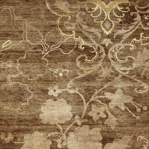 9x12 Hand Knotted Wool Blend Floral Area Rug in Warm Brown Tan Ivory Tones