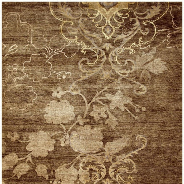 9x12 Hand Knotted Wool Blend Floral Area Rug in Warm Brown Tan Ivory Tones