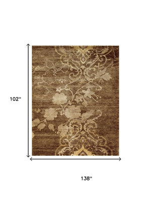 9x12 Hand Knotted Wool Blend Floral Area Rug in Warm Brown Tan Ivory Tones