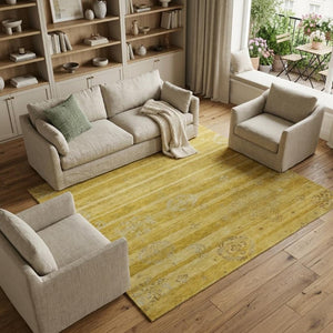 9 X 12 Hand Knotted Wool Blend Area Rug in Gold Striped Artisan Design