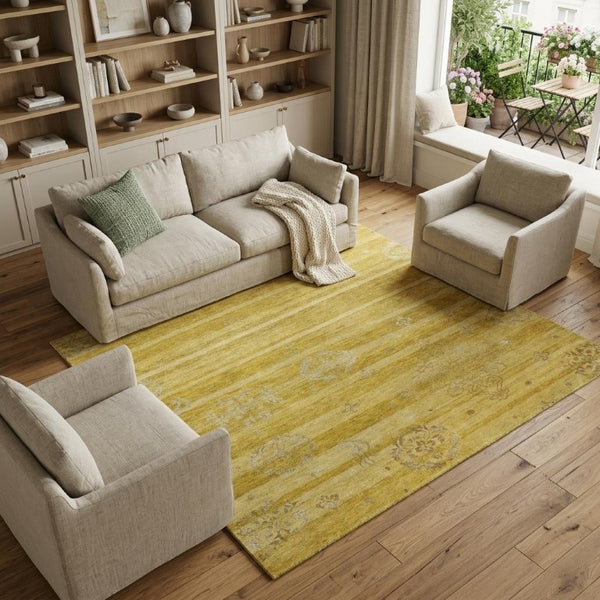 9 X 12 Hand Knotted Wool Blend Area Rug in Gold Striped Artisan Design