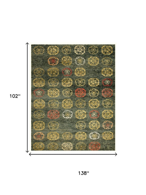 9x12 Floral Hand Knotted Wool Blend Area Rug in Vibrant Yellow Orange Green