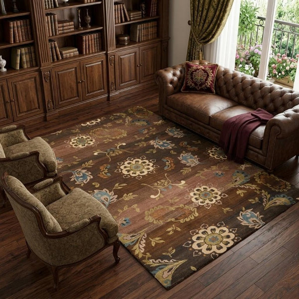 9x12 Hand Knotted Wool Floral Area Rug in Brown Tan Green Stain Resistant