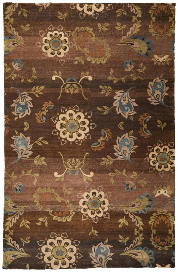 HomeRoots 9x12 Hand Knotted Wool Floral Area Rug in Brown Tan Green Stain Resistant 744340