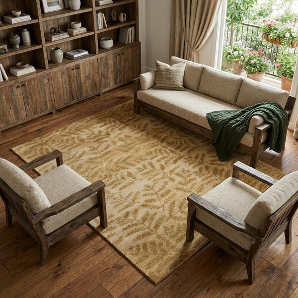 9 X 12 Hand Knotted Wool Floral Area Rug in Warm Tan Tones Stain Resistant