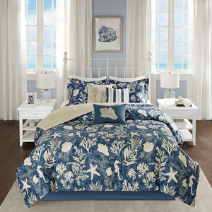 English Elm 7 Piece Cotton Sateen Comforter Set In Soft Blue - Elegant Coastal Design For California King Beds B03597056
