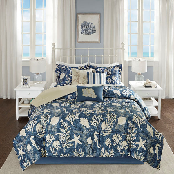 English Elm 7 Piece Cotton Sateen Comforter Set In Soft Blue - Elegant Coastal Design For California King Beds B03597056