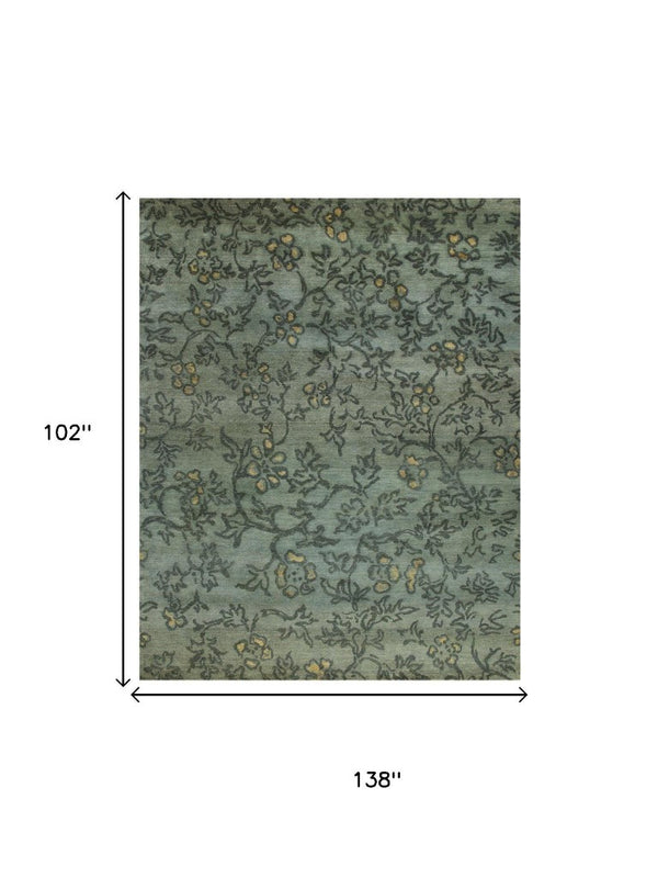 9x12 Hand Knotted Wool Area Rug Floral Artisan Weave in Blue Green and Gold