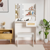 English Elm Vanity Desk Set Stool & Dressing Table With Led Lighting Mirror Drawer and Compartments Modern Wood Cosmetic Table Chest Of Drawers White Color