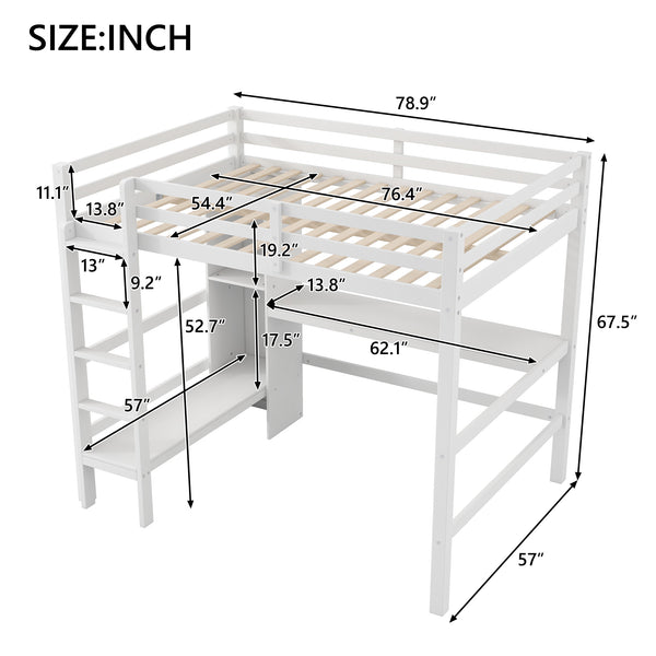 English Elm Full Size Loft Bed With Under-Bed Desk & Multifunction Shelves - Space-Saving White Design For Teens N7090005004K