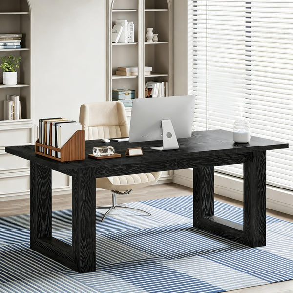 English Elm Sturdy Two-tier Computer Desk with File Cabinet and Monitor Riser for Home Office Black T3971P454054