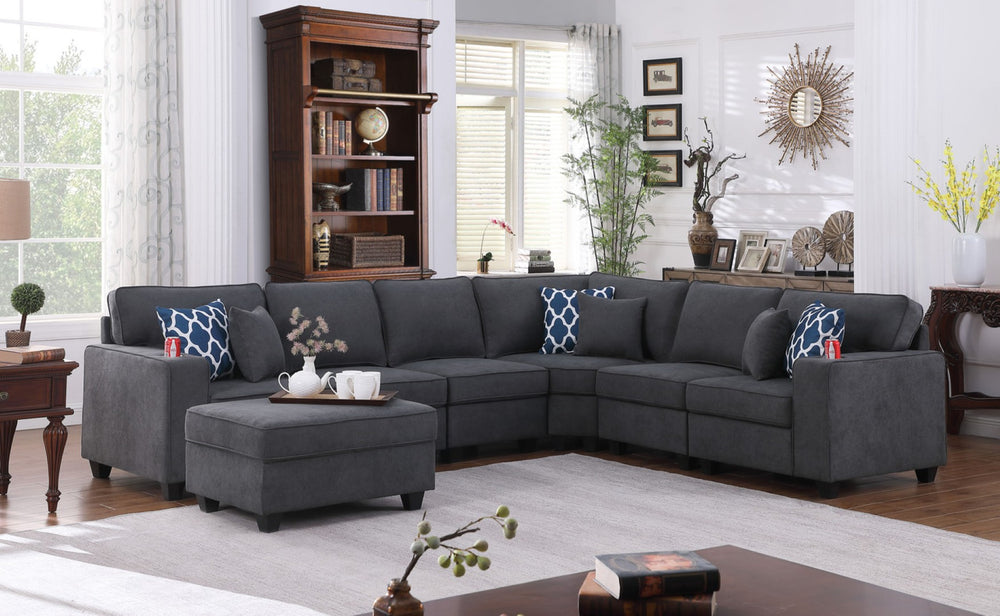English Elm Cristiano Seven Piece Woven Fabric L-shape Sectional with Ottoman and Built-in Cupholders B2749S00112