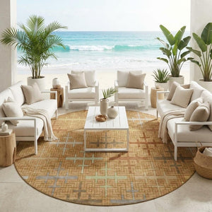 8 Foot Round Geometric Polyester Rug Copper Orange Washable Stain Resistant Patio