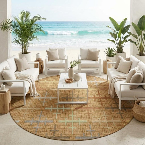 8 Foot Round Geometric Polyester Rug Copper Orange Washable Stain Resistant Patio