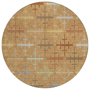 HomeRoots 8 Foot Round Geometric Polyester Rug Copper Orange Washable Stain Resistant Patio 744473