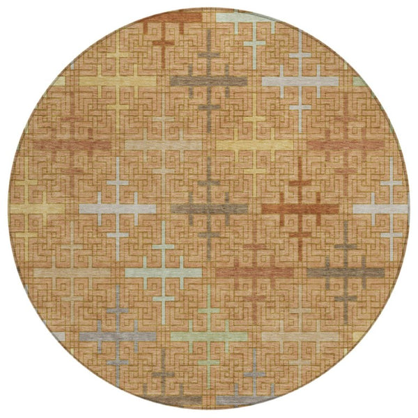 HomeRoots 8 Foot Round Geometric Polyester Rug Copper Orange Washable Stain Resistant Patio 744473