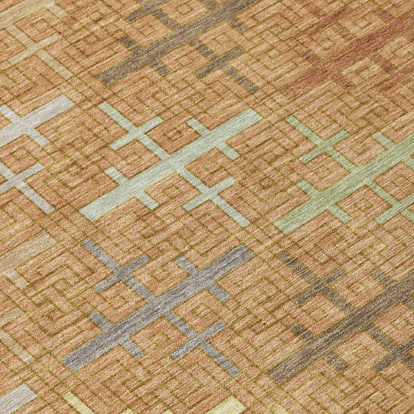 8 Foot Round Geometric Polyester Rug Copper Orange Washable Stain Resistant Patio