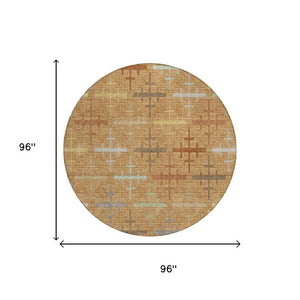 8 Foot Round Geometric Polyester Rug Copper Orange Washable Stain Resistant Patio