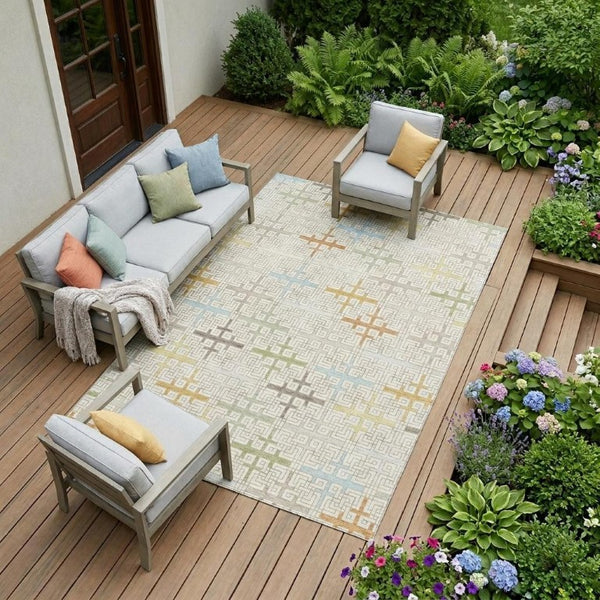 9 X 12 Ivory Geometric Polyester Area Rug Washable for Indoor Outdoor Spaces