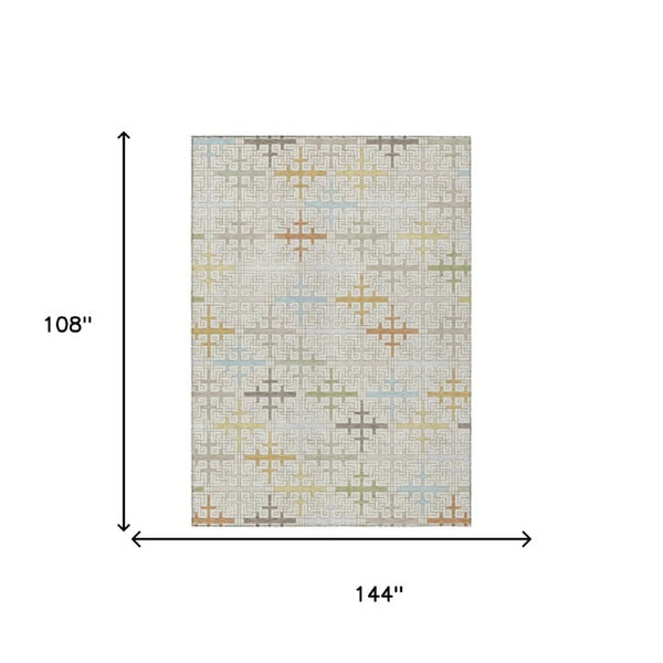 9 X 12 Ivory Geometric Polyester Area Rug Washable for Indoor Outdoor Spaces
