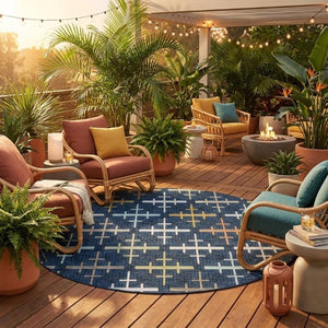 8 Ft Round Geometric Polyester Area Rug Washable Navy Blue Indoor Outdoor Use