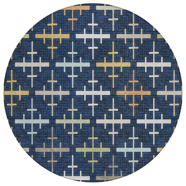 HomeRoots 8 Ft Round Geometric Polyester Area Rug Washable Navy Blue Indoor Outdoor Use 744485